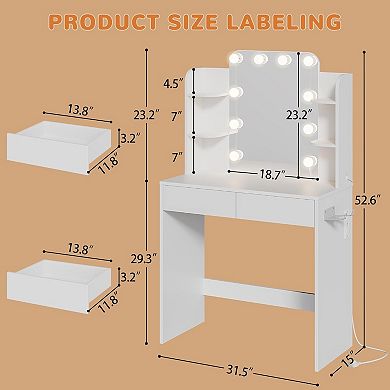 wanan Vanity Desk with Mirror and Lights 3 Colors, Girls Vanity Set with Power Outlet