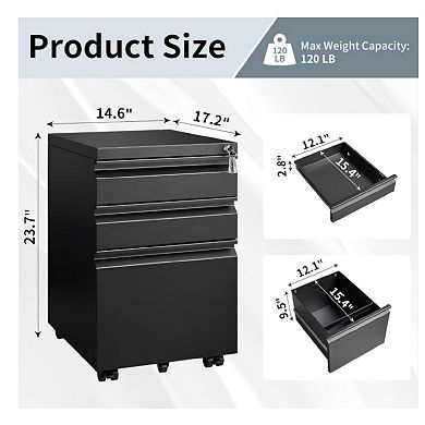 3-Drawer Mobile File Cabinet With Lock - Under Desk Rolling Filing Storage