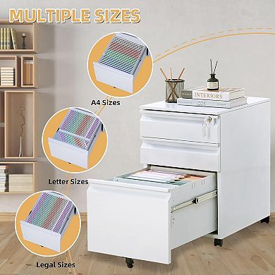 3-Drawer Mobile File Cabinet With Lock - Under Desk Rolling Filing Storage