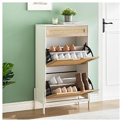 Slim 24" Rattan Shoe Storage Cabinet with Flip-Down Compartments and Drawer