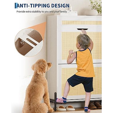 Slim 24" Rattan Shoe Storage Cabinet with Flip-Down Compartments and Drawer