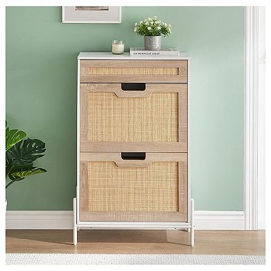 Slim 24" Rattan Shoe Storage Cabinet with Flip-Down Compartments and Drawer