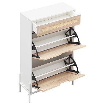 Slim 24" Rattan Shoe Storage Cabinet with Flip-Down Compartments and Drawer