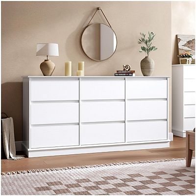 white dresser with deep drawers FUFU&GAGA Wooden 9-Drawer 63 in. W, Dresser, Chest of Drawers, Modern European Style LBB-KF390005-01-c1 grade MDF with sturdy metal base and rounded metal knobs for long 9 Drawer Dressers for Bedroom,