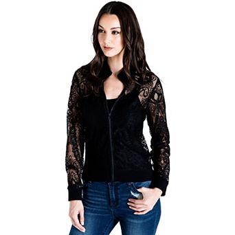 Women's Peek-A-Boo Rib Neck Lace Bomber Jacket