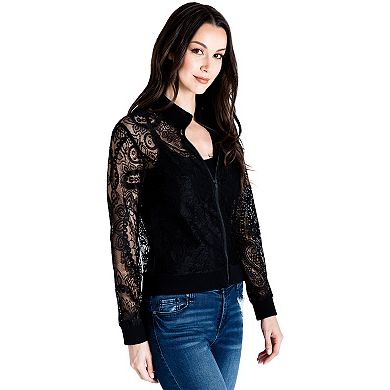 Women's Peek-A-Boo Rib Neck Lace Bomber Jacket