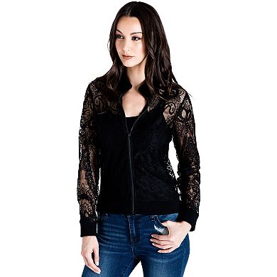 Women's Peek-A-Boo Rib Neck Lace Bomber Jacket