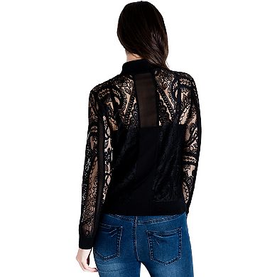 Women's Peek-A-Boo Rib Neck Lace Bomber Jacket