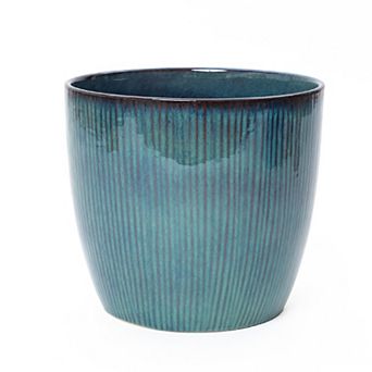 LuxenHome Round Plant Pots with Vertical Line Texture, Blue Ceramic Planter for Living Room, Patio