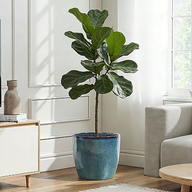 LuxenHome Round Plant Pots with Vertical Line Texture, Blue Ceramic Planter for Living Room, Patio