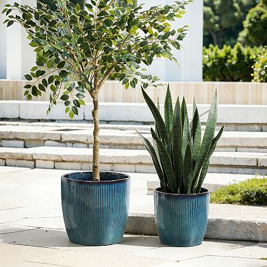LuxenHome Round Plant Pots with Vertical Line Texture, Blue Ceramic Planter for Living Room, Patio
