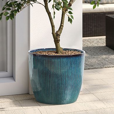 LuxenHome Round Plant Pots with Vertical Line Texture, Blue Ceramic Planter for Living Room, Patio