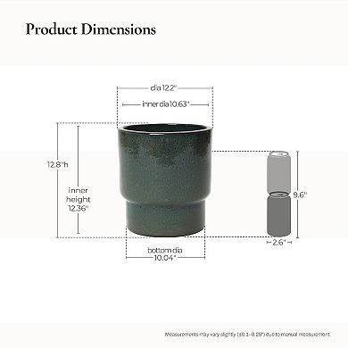 LuxenHome 12" Dia Deep Green Round Ceramic Planter Pot, Indoor Outdoor Pot for Plants with Drainage