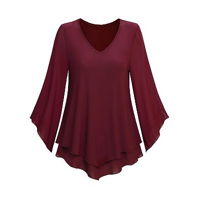 Women's Elegant Double-Layer Ruffle Blouse with 3/4 Bell Sleeves