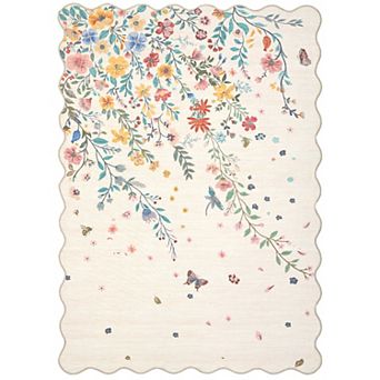 Floral Washable Scalloped Rugs，Soft Area Rugs for room, Low Pile Stain Resistant Floral Carpet