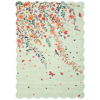 Floral Washable Scalloped Rugs，Soft Area Rugs for room, Low Pile Stain Resistant Floral Carpet