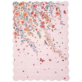 Floral Washable Scalloped Rugs，Soft Area Rugs for room, Low Pile Stain Resistant Floral Carpet