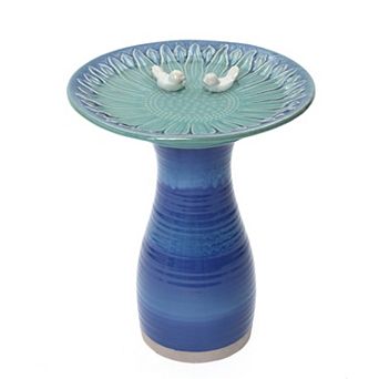 LuxenHome 20.5" Elegant Ceramic Bird Bath for Outside with Decorative Birds, Blue