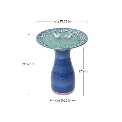 LuxenHome 20.5" Elegant Ceramic Bird Bath for Outside with Decorative Birds, Blue