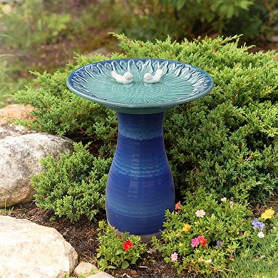 LuxenHome 20.5" Elegant Ceramic Bird Bath for Outside with Decorative Birds, Blue