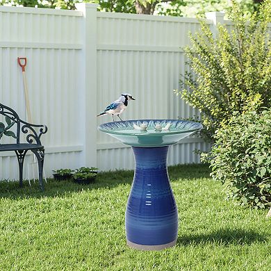 LuxenHome 20.5" Elegant Ceramic Bird Bath for Outside with Decorative Birds, Blue