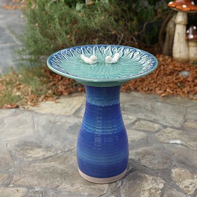 LuxenHome 20.5" Elegant Ceramic Bird Bath for Outside with Decorative Birds, Blue