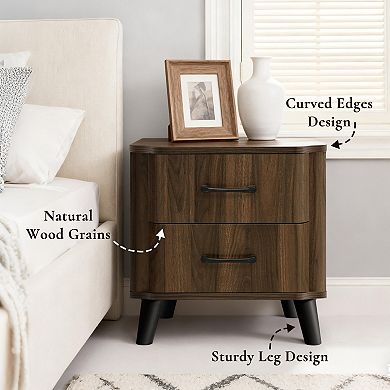 LuxenHome Mid Century Modern Nightstand, 20" Walnut Night Stand with Curved Edge, Table with Drawers