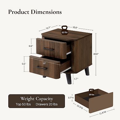 LuxenHome Mid Century Modern Nightstand, 20" Walnut Night Stand with Curved Edge, Table with Drawers
