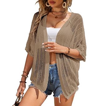 Lightweight Crochet Cardigan for Women Short Sleeve Boho Open Front Knitted Cardigans