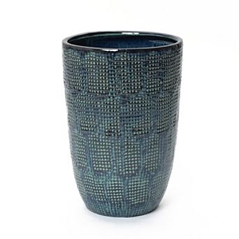 LuxenHome Ocean Grid Textured Ceramic Planter, 17" Tall, Green-Blue Decorative Pot