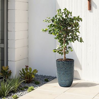 LuxenHome Ocean Grid Textured Ceramic Planter, 17" Tall, Green-Blue Decorative Pot