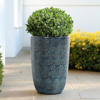 LuxenHome Ocean Grid Textured Ceramic Planter, 17" Tall, Green-Blue Decorative Pot