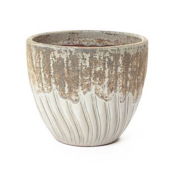 LuxenHome 14" Dia Two Tone Ivory Plant Pots, Indoor Outdoor Ceramic Planter for Living Room, Patio