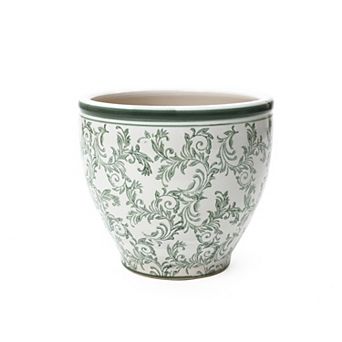 LuxenHome Green Paisley Ceramic Planter, Round, Indoor & Outdoor Flower Pot