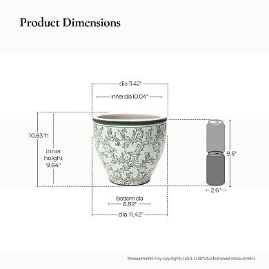 LuxenHome Green Paisley Ceramic Planter, Round, Indoor & Outdoor Flower Pot