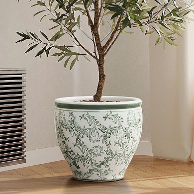 LuxenHome Green Paisley Ceramic Planter, Round, Indoor & Outdoor Flower Pot