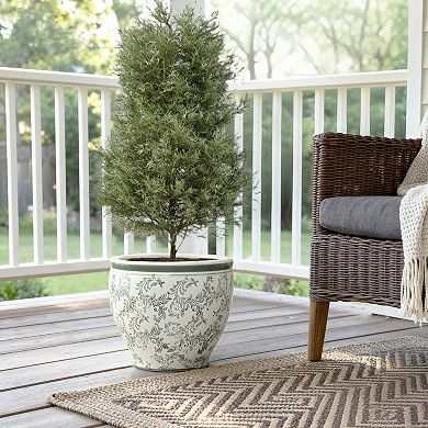 LuxenHome Green Paisley Ceramic Planter, Round, Indoor & Outdoor Flower Pot
