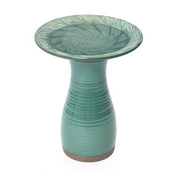LuxenHome Aqua Green Ceramic Birdbath with Peacock Feather Design Basin, 20.47" H Outdoor Accent