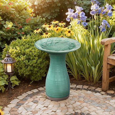 LuxenHome Aqua Green Ceramic Birdbath with Peacock Feather Design Basin, 20.47" H Outdoor Accent