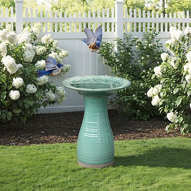 LuxenHome Aqua Green Ceramic Birdbath with Peacock Feather Design Basin, 20.47" H Outdoor Accent