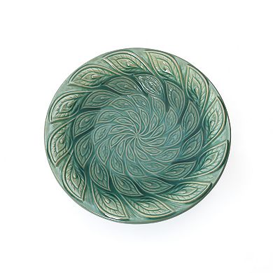 LuxenHome Aqua Green Ceramic Birdbath with Peacock Feather Design Basin, 20.47" H Outdoor Accent