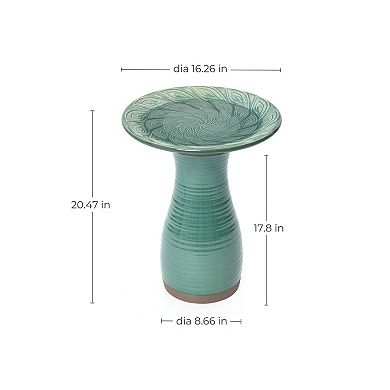 LuxenHome Aqua Green Ceramic Birdbath with Peacock Feather Design Basin, 20.47" H Outdoor Accent