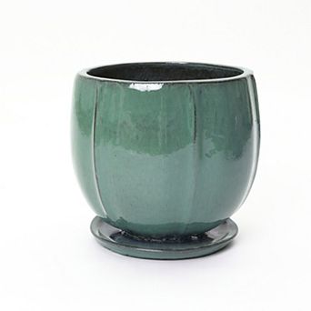 LuxenHome Glossy Gradient Teal Ceramic Planter, Ridged Container with Connected Tray