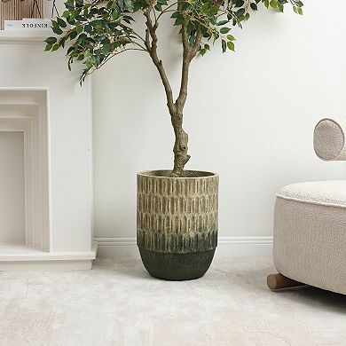 LuxenHome 16.5" Two Toned Tall Cement Planter, Vintage Round Flower Pot with Drainage Hole