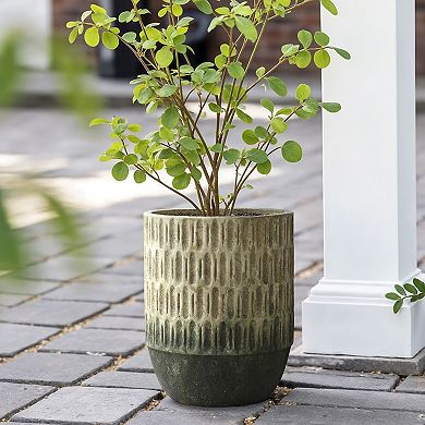 LuxenHome 16.5" Two Toned Tall Cement Planter, Vintage Round Flower Pot with Drainage Hole