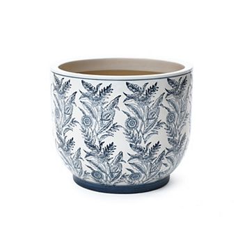 LuxenHome Blue Botanical Floral Ceramic Planter, 15.5" Round Garden Pot for Indoor & Outdoor Plants