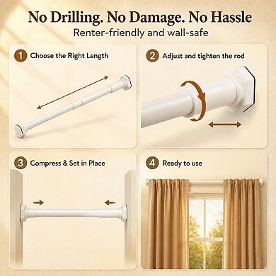 No Drilling Tension Shower Curtain Rod Adjustable Spring Loaded Heavy Duty