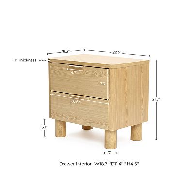 LuxenHome 21.6" Oak Nightstand with Drawers, Bedside Table with Thick Legs and Rounded Edges