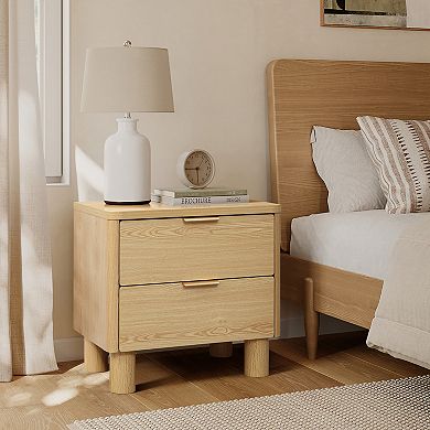 LuxenHome 21.6" Oak Nightstand with Drawers, Bedside Table with Thick Legs and Rounded Edges
