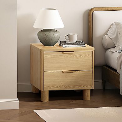 LuxenHome 21.6" Oak Nightstand with Drawers, Bedside Table with Thick Legs and Rounded Edges